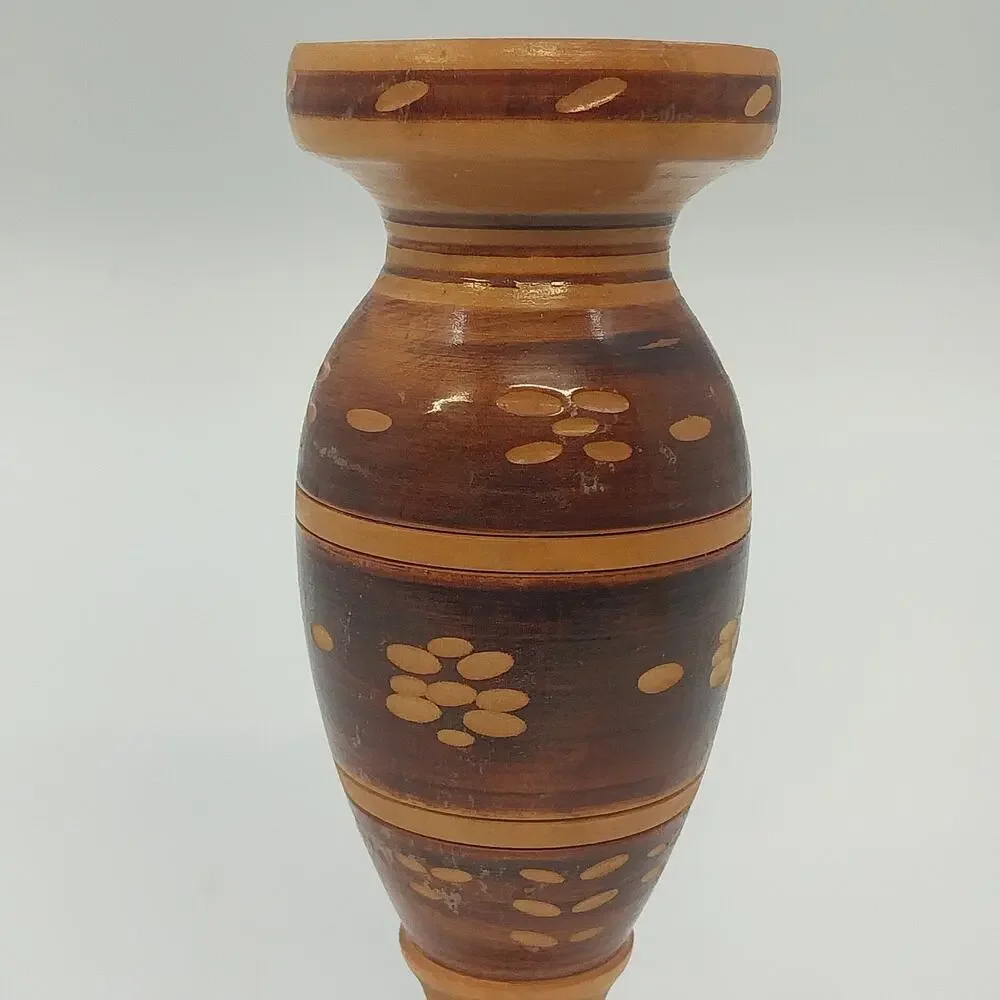 Hand Crafted Wooden Bud Vase Brown Carved Detailed Inlay Folk Art 6.9